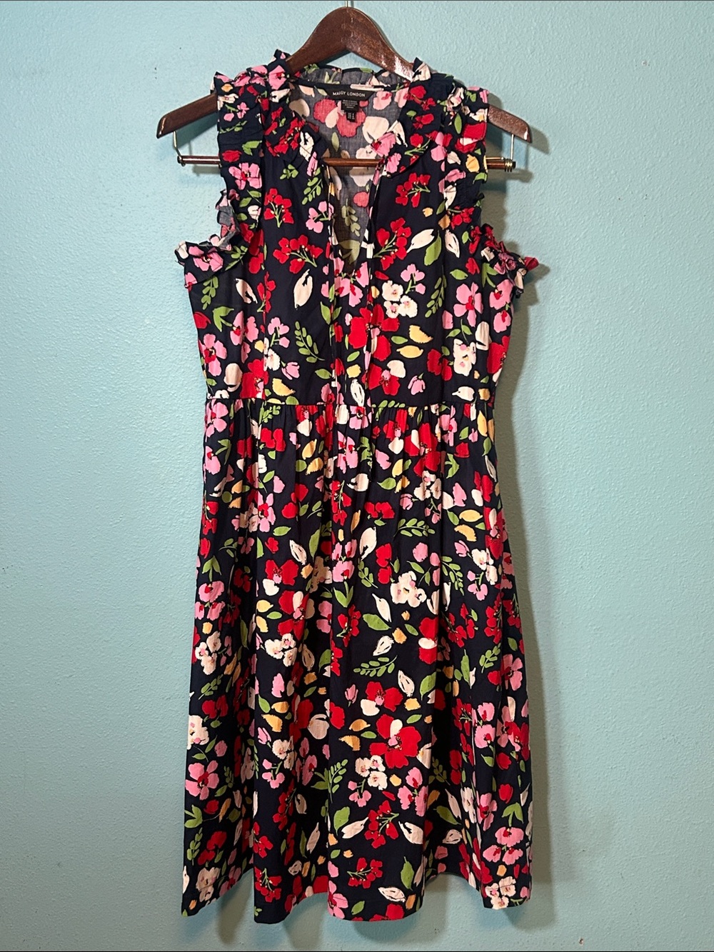 Maggy London Black Floral Ruffle-Trim Mini Dress with Red & Pink Blooms